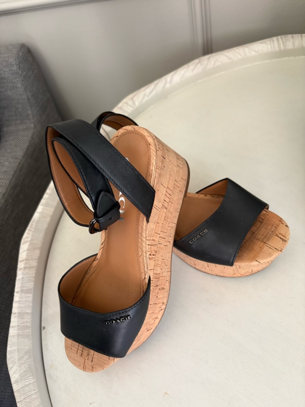 Coach Black Leather Cork Wedge Sandals